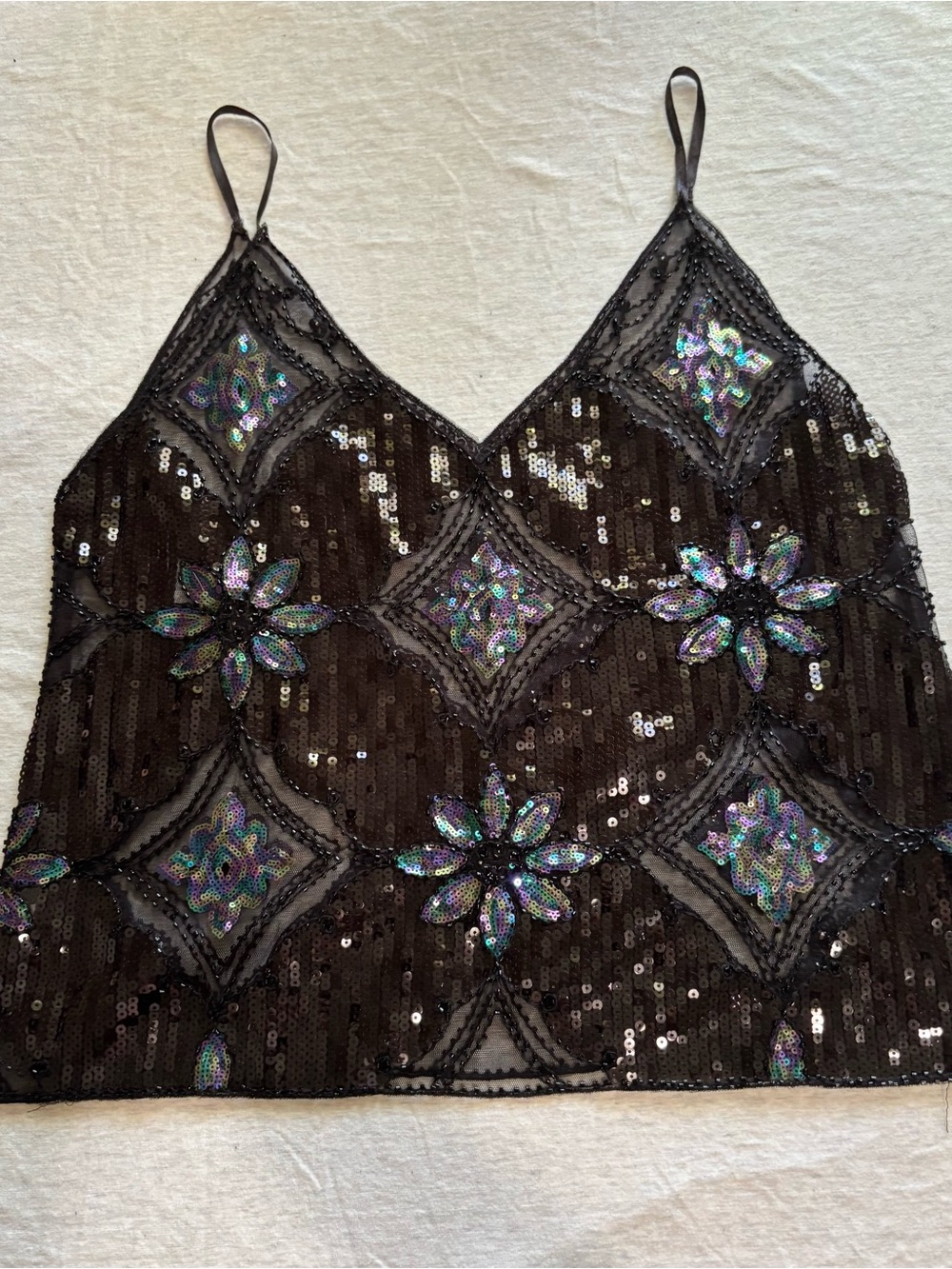 Y2K Noir Iridescent Sequin Beaded Mesh Floral Tank Top M